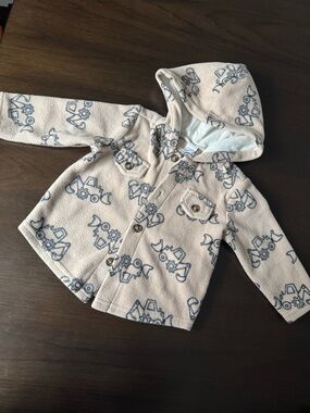 PL Petit Lem Baby Beige Hooded Fleece Jacket with Excavators Construction 12 M